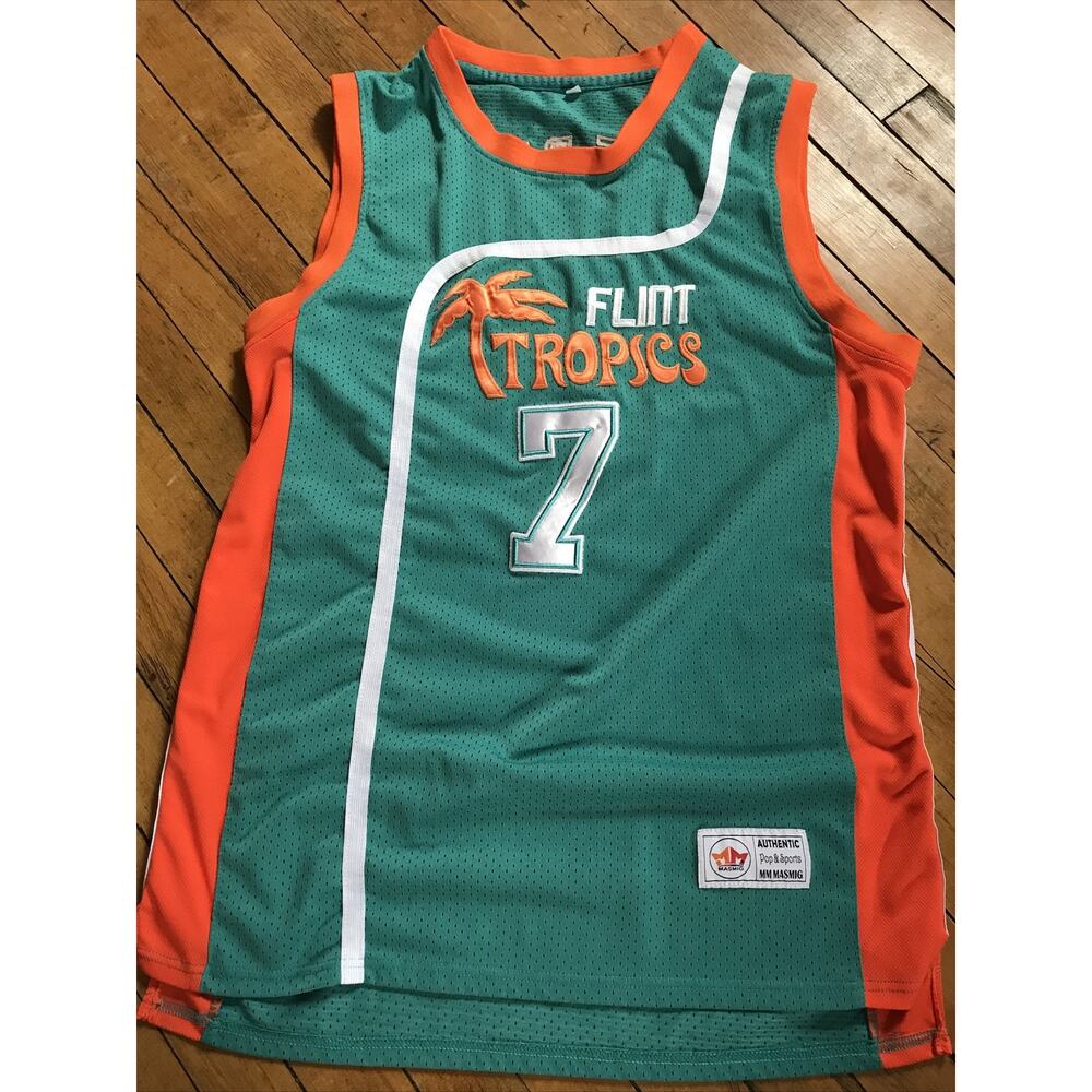Flint Tropics Coffee Black #7 Semi‎ Pro Movie Basketball Jersey Green X-Large XL